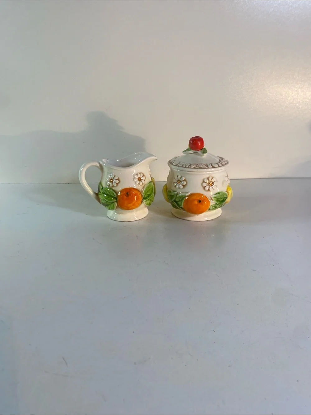 Vintage Fred Roberts Ceramic Fruit & Daisy Creamer Pitcher & Covered Sugar Bowl